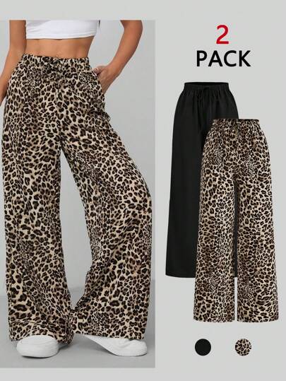 SHEIN EZwear Pantalones de pierna recta con estampado de leopardo negro, talla grande