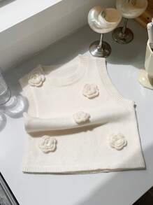 Comfortcana Maglietta aderente senza maniche decorata con fiori, in maglia