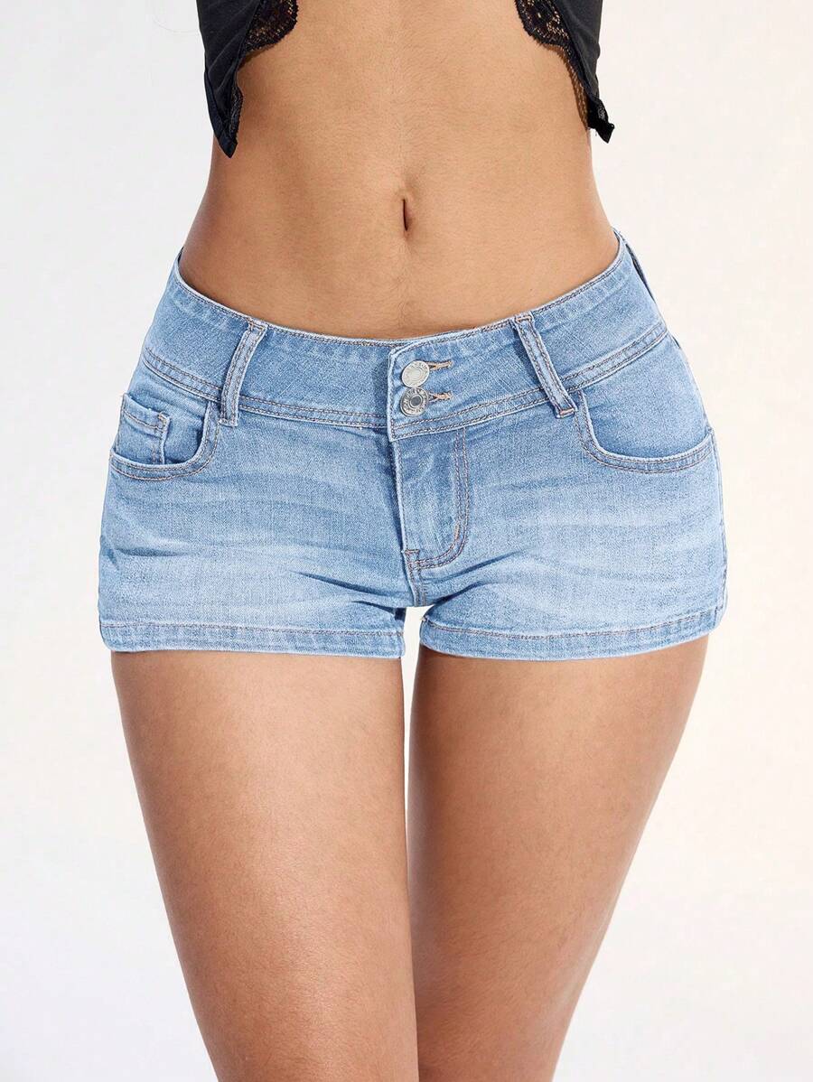 Jeanoix Casual Washed Low Waist Denim Shorts Y2k - Light Wash - View 1