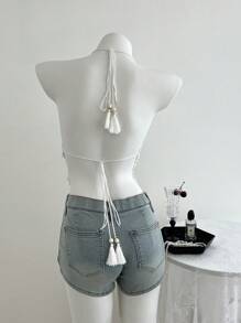 Elamini Women Casual Vacation Sunflower Lace Patchwork Back Hollow-Out Halter Neck Blouse, Spring/Summer - White - View 2