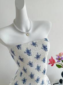 Sweetra Damen Enges Bandeau Kleid mit Blume Muster, elegant für den Urlaub