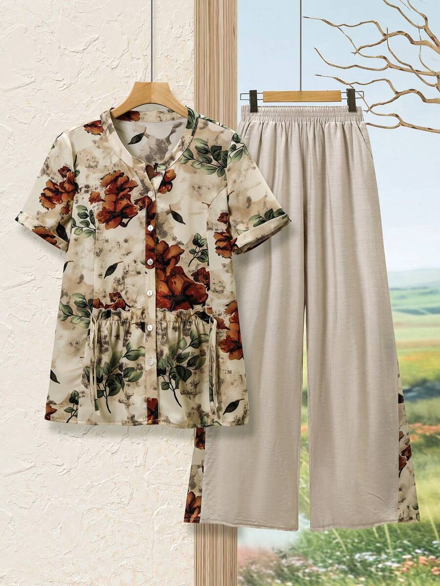 Lacomfia 2pcs Outfit Frill Trim Printed Cardigan Top With Side Patchwork Floral Pants, Comfortable Set - Multicolor - View 1