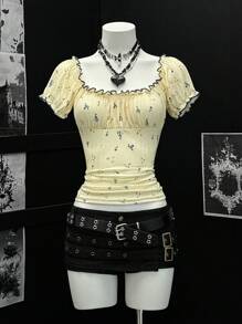 EgrlEra 女式夏季休闲黄色碎花T恤 - 黃色 - 查看 1