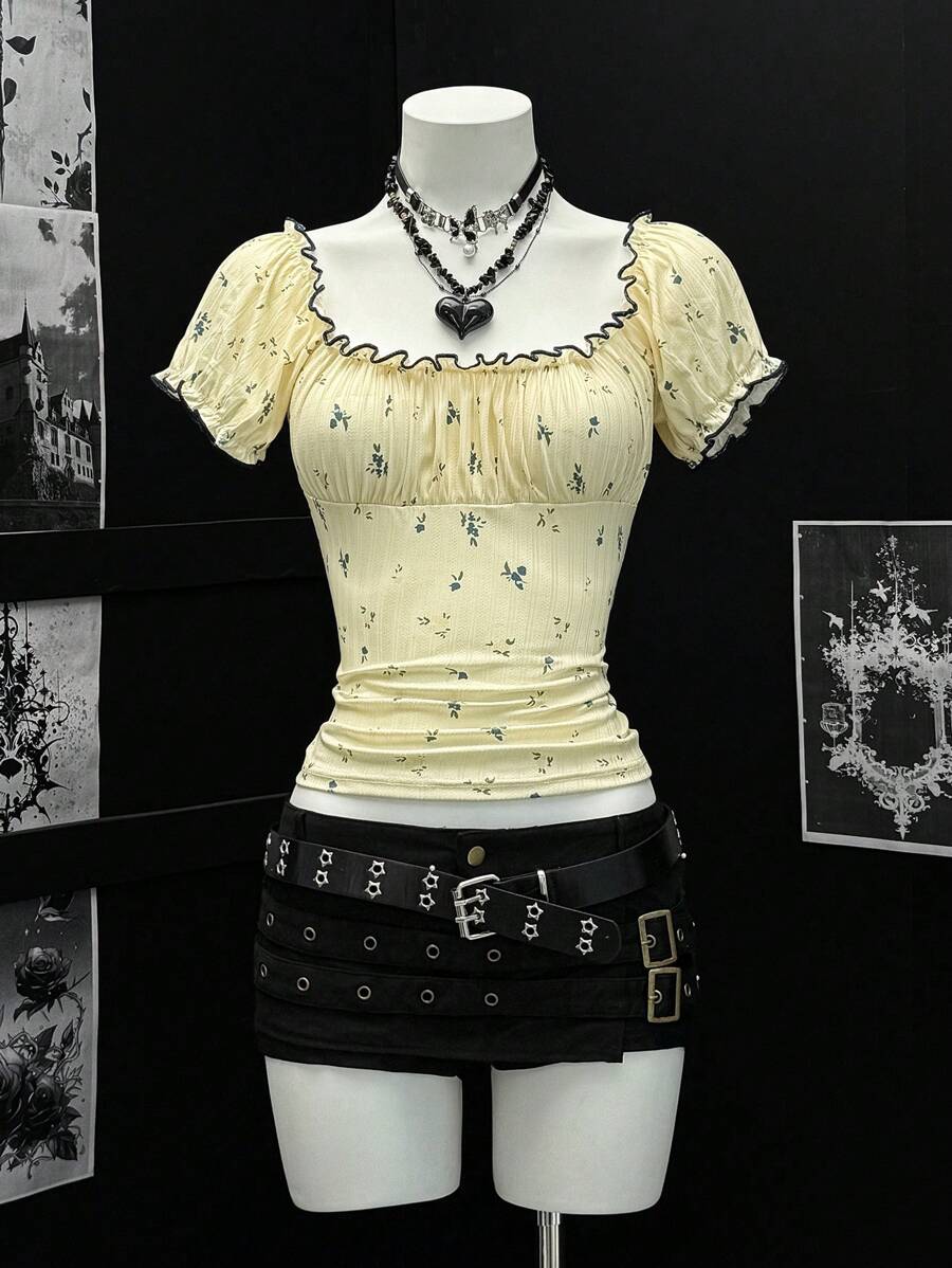 EgrlEra 女式夏季休闲黄色碎花T恤 - 黃色 - 查看 1