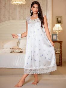 CottageSlumber CottageSlumber Romantic Lace Patchwork Faux Silk Printed Plus Size Nightgown, Moo Moo Sleep Dress