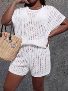 EMERY ROSE Plus Size Women's Solid Color Lightweight V-Neck Batwing Knit Top, Suitable For Spring/Summer Commute - White - View 4