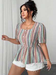 Elenzga 加大码条纹纹理面料收腰 A 字形设计衬衫 女士夏季服装 夏季服装 女士服装 女士上衣 优雅女士夏季衬衫 女士加大码服装 女士加大码服装 商务休闲女士上衣 女士衬衫 优雅女士衬衫 - 彩色 - 查看 4