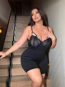 Flirla Mono ajustado de talla grande sexy con aros de acero para fiesta, mono de Body ceñido - Negro - Ver 1