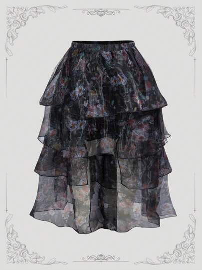 ROMWE Avant Plus Size Women Vintage Floral Organza Layered Ruffled Hem Skirt