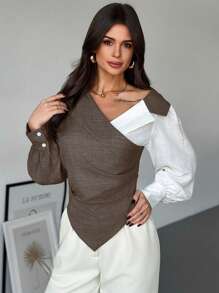 Firerie Women's Color Block Long Sleeve Ruched Casual Shirt - Coffee Brown - View 4