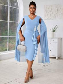 Fleurora Plus Size Women's Spring And Summer Elegant Cape Structured Blue See-Through Formal Evening Dress Fall Women Clothes Four Seasons Blue Dress Summer Outfits