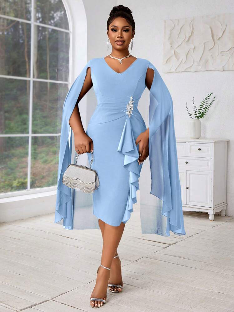 Fleurora 大码女式春夏优雅斗篷结构化蓝色透视正式晚礼服秋季女装四季蓝色连衣裙夏季服装 - 淺藍色 - 查看 4