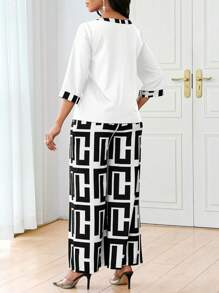 SHEIN Lady 春夏秋冬休闲优雅黑色针织V领喇叭纽扣短款长袖休闲优雅大码套装情人节新年女装夏季女装夏季 - 黑與白 - 查看 2