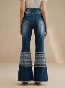 Anewsta Damen modische glockenförmige Schlaghose aus bedrucktem Denim - Blau - Übersicht 3