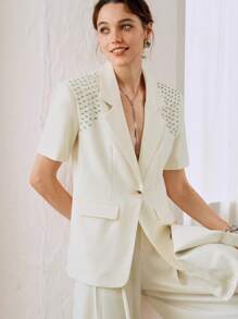 Arave Blazer informal de manga corta con escote en V y cuentas hecho a mano de alta calidad y elegante para mujer en color beige