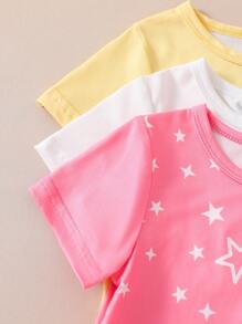 3件套女婴粉色、白色、黄色彩虹独角兽印花短袖睡衣套装，女婴夏季服装，小猫咪睡衣套装，女婴服装，女婴衣服，适合2岁女童 - 彩色 - 查看 3