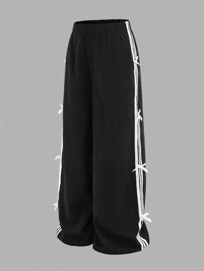 SHEIN Tween Girls Ribbon Bowknot Wide Leg Loose Casual Pants, Black, Versatile & Fashionable For Daily Wear Fall Winter