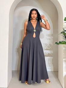 Maweii Damen Große Größen sexy elegantes Pendelkleid mit Metallschnalle und Ausschnitt an der Taille - Grau - Übersicht 4