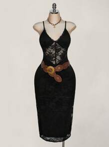 SHEIN ICON Vestido ceñido al Body de encaje de sirena con cintura ceñida de color negro en espiguilla talla grande, estilo bohemio, elegante bohemio, Y2K, para festival de música, vestido bohemio, vacaciones de verano - Negro - Ver 4