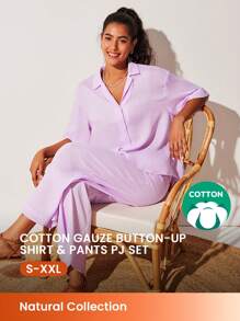 LUVLETTE Breathable Cotton Linen Basic Short-Sleeve Button-Up Top & Pants Loungewear Airy Pajama Set Fashion Casual Comfy Outfits Pants With Pockets  Lingerie As Outerwear