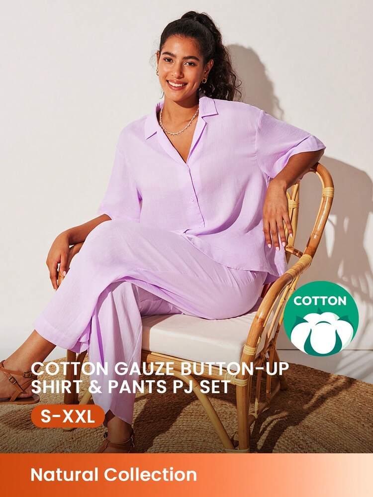 Cotton Linen Basic Short-Sleeve Button-Up Top & Long Loungewear Pajama Set