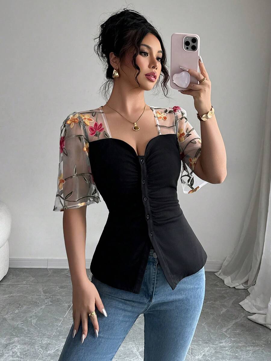 Elenzga Women's Fashion Mesh Embroidered Patchwork Ruffle Trim Short Sleeve T-Shirt - Black - View 1