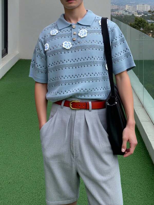 Manfinity CasualKnits Camisetas de punto caladas con decoración floral para vacaciones de verano para hombres