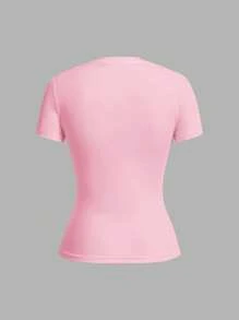 SHEIN EZwear 2pcs Set Basic Black & Pink Round Neck Short Sleeve Tops For Casual Layering, Spring/Summer Suitable For Going Out - Multicolor - View 7