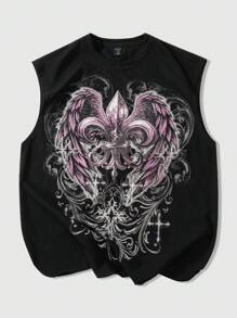 ROMWE MEN Street Life Men's Gothic Element Retro Cross Star Wings Print Theme Tank Top,