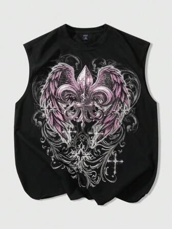 Street Life Men's Gothic Element Retro Cross Star Wings Print Theme Tank Top, Halloween