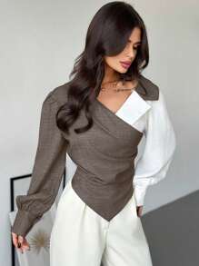 Firerie Women's Color Block Long Sleeve Ruched Casual Shirt - Coffee Brown - View 3