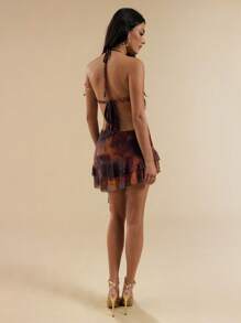 SHEIN BAE Women Sleeveless Halter Neck Hollow Lace-Up Asymmetrical Hem Ruffle Hem Summer Dress Woman S Summer Clothes Women Short Dresses Summer Women Summer Clothing,Dresses For Women Summer,Club Outfits Women Sexy, Halloween Clothes,Halloween Costume - Brown - View 2