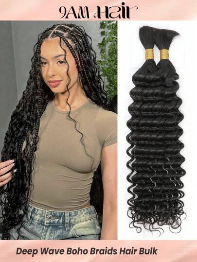 2pcs Braiding Hair Bulk No Weft Deep Wave Boho Braids Crochet Human Hair Natural Black Color Hair Extension Knotless Braids Hair Extensions