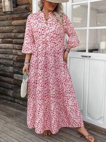 SHEIN LUNE Abito casual a 4 balze con stampa floreale sparsa di colore rosa, per taglie comode