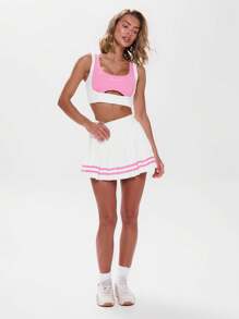 Musera Sport Áo ngực crop top phối viền tương phản hai bên, tập luyện thể thao tại phòng tập, quần vợt Padel, bóng vợt, bóng ném, phòng tập thể dục - Hồng - Xem 4