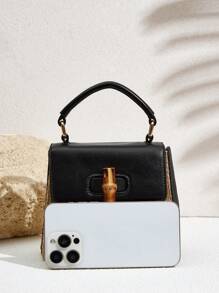 SHECARRY 竹制纽扣撞色拼接手提包