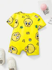 LOONEY TUNES X SHEIN Baby Girl Cute Cartoon Duck Pattern Yellow Round Neck Romper - Yellow - View 1