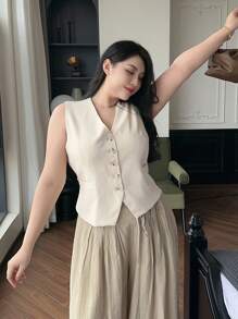 Dazy Plus Solid Color V-Neck Sleeveless Fitted Cropped Vest Jacket - Apricot - View 5
