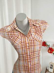 SHEIN Unity 女式复古彩色条纹翻领纽扣修身休闲衬衫