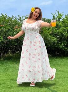 SHEIN EZwear Plus Size Floral Print Casual Summer Vacation Dress - White - View 4