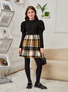 SHEIN 女大童格紋印花羊腿袖洋裝不附腰帶