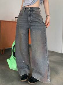 DAZY Oversized Loose Fit Asymmetrical Dip-Dye Gradient Sequin Decor Washed Denim Wide Leg Jeans, Colorful - Light Wash - View 4