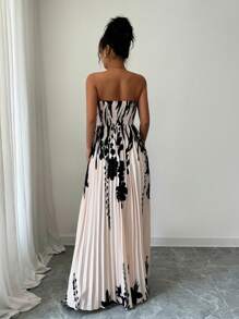 Elenzga Vestido maxi casual de vacaciones elegante con pliegues, estilo swing, nudo retorcido y estampado para mujer