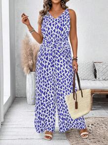 Breezaya Große Größen Jumpsuit für Damen mit V-Ausschnitt, Kette und geometrischem Muster, Sommeroutfit für Frauen, St. Patrick's Day, Frühling, Boho