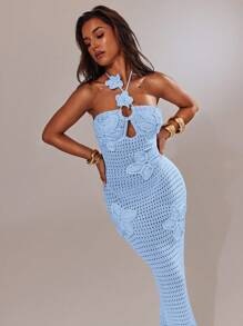 Váy dệt kim không tay hở vai đơn sắc trang trí đính vải cho nữ - Màu xanh nhạt - Xem 8