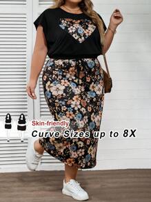 SHEIN CURVE+ 2 件套加大码短袖 T 恤和 A 字裙，休闲时尚，适合日常穿着两件套女士夏季服装女士狂欢服装节日夏季/乡村/海滩度假服装/海滩服装/海滩装 - 彩色 - 查看 1
