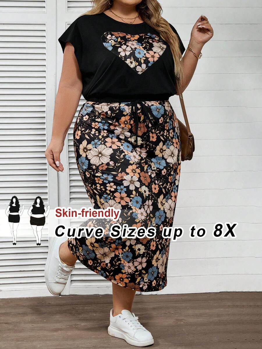 SHEIN CURVE+ 2 件套加大码短袖 T 恤和 A 字裙，休闲时尚，适合日常穿着两件套女士夏季服装女士狂欢服装节日夏季/乡村/海滩度假服装/海滩服装/海滩装 - 彩色 - 查看 1