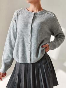 SHEIN Cottnline Women Elegant Brushed Yarn Pearl And Shinny Rhinestone Detailed Button Front Drop Shoulder Cozy Grey Cardigan Women's Grey Cardigan Pearl Embellished Cardigan Knit Cardigan Grey Knit Cardigan Women's Knit Cardigan,Cardigans,Long Cardigans Woman,Petite,Tall - Dark Grey - View 5