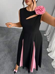 Modelyn Plus Size Black Round Neck Patchwork With Pink Insert Pleated A-Line Dress - Multicolor - View 4