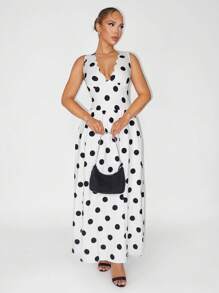 Sirith Nuevo vestido de vacaciones elegante y sexy con cuello en V, estampado de lunares blancos y cintura de estilo vintage para mujer, perfecto para la primavera/verano